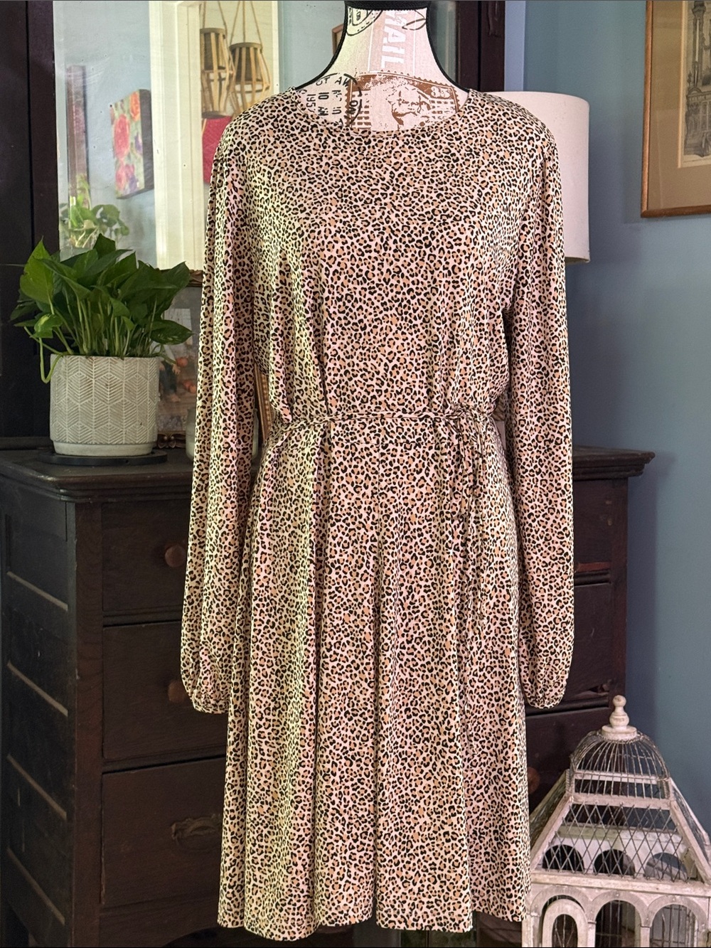 Banana Republic Black Tan Leopard Print Tie Waist Long Sleeve Dress Large